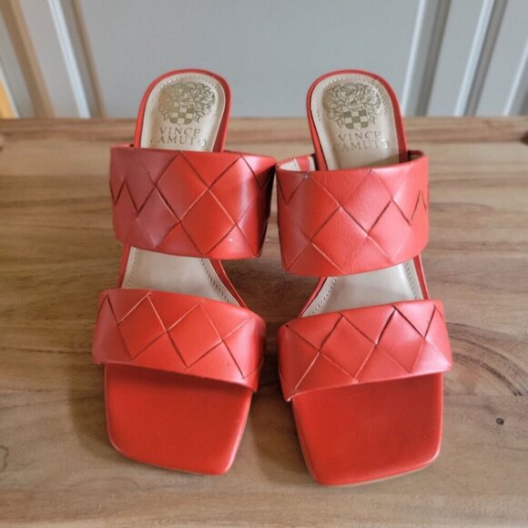 Vince Camuto Candialia Tangerine Tango Nappa Leather Woven Heeled Sandals 7M - Picture 2 of 7